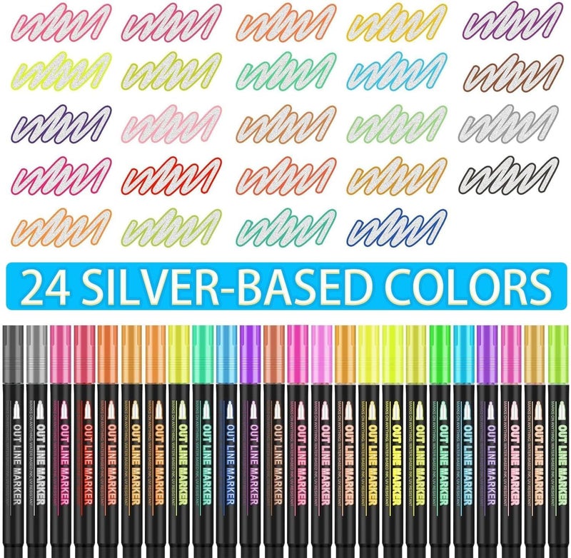 OUNIY Shimmer Markers Double Line Outline Markers, 24 Color Squiggles Set for Drawing, Art School Supplies, Cards Lettering, Gift for 4-12 Year Old Girl - Image 2